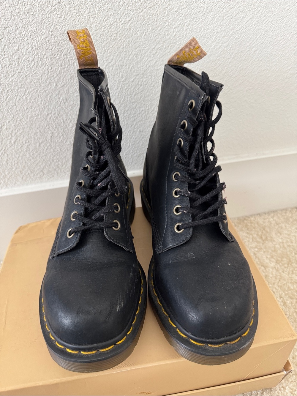 Dr. Martens Black Leather Lace-Up Ankle Boots with Yellow Stitching
